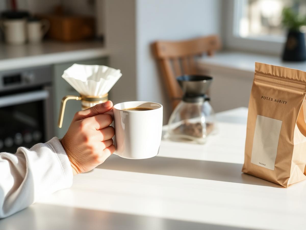 Hånd med en kop kaffe ved køkkenbordet derhjemme